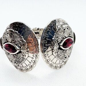 Brighton Rouge Lace Bracelet Silver Plate Open Cuff Hinged Red Navette Crystals